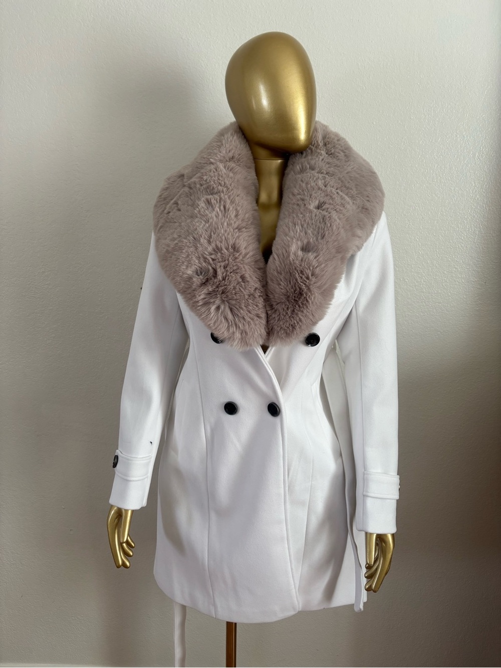 White Double-Breasted Pea Coat with Taupe Faux-Fur Collar